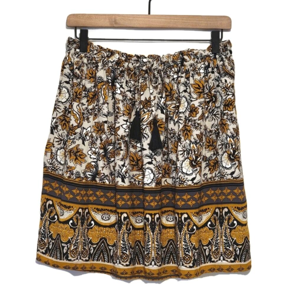 Garnet Hill Paisley Floral Pull On Elastic Waist Mini Skirt Black Yellow S Boho